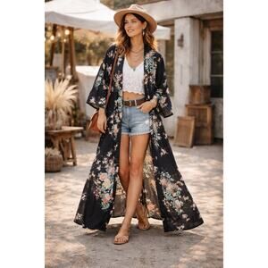 Cotton Kimono Robe Inspired Black Floral Traditional Boho Layering Piece OSFM